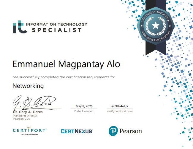 Pearson IT Specialist — Networking certificate