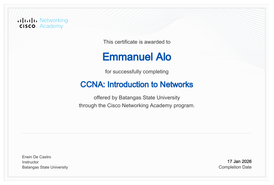 CCNA Introduction to Networks certificate