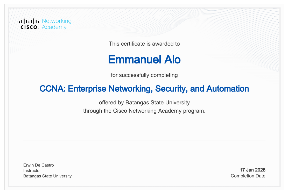 CCNA Enterprise Networking Security Automation certificate